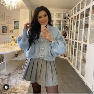 ZARA Jewel Bow Cardigan Sweater Baby Blue Coquette Blogger Favorite Preppy Small